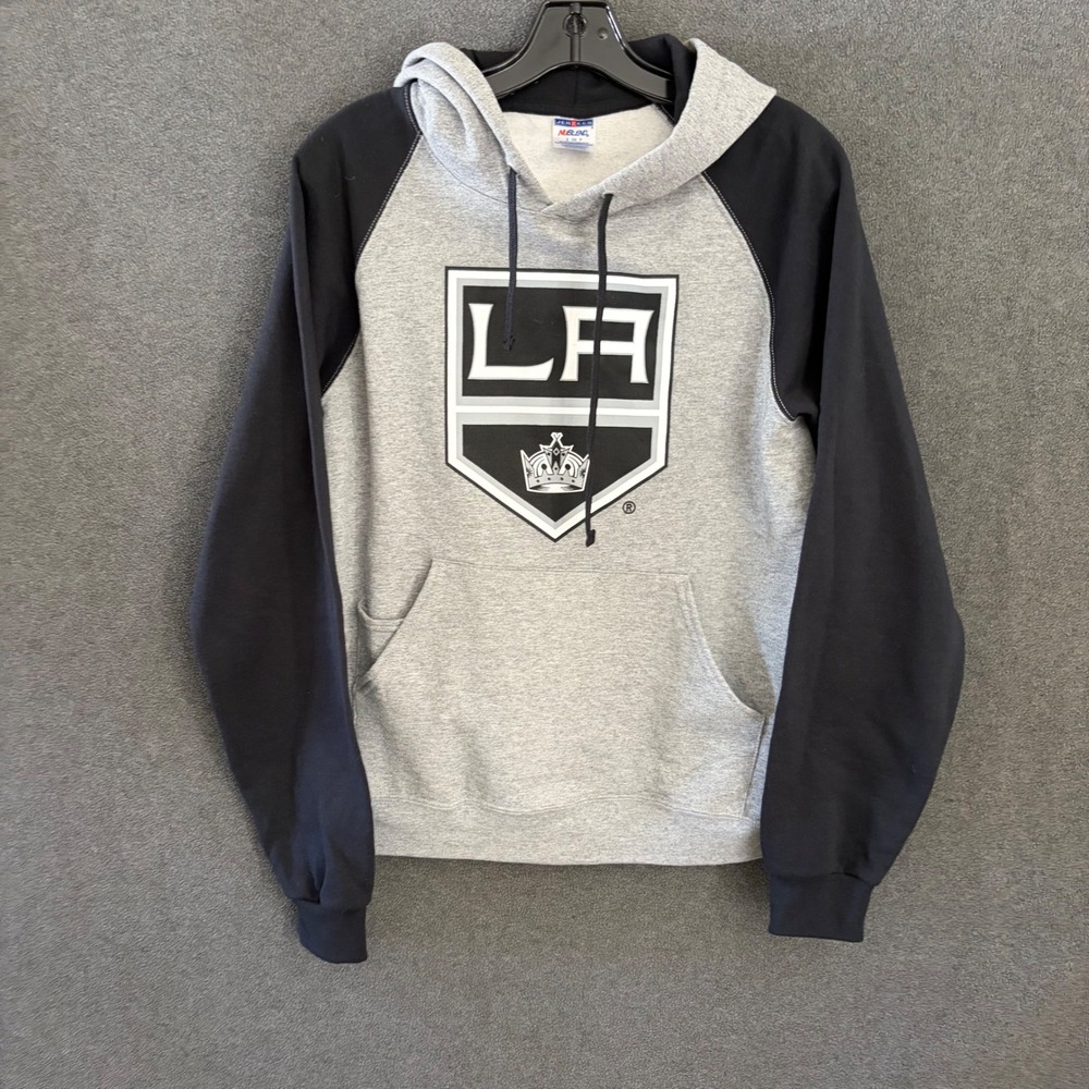 Jerzees LA Kings Hoodie Mens Small Gray Black NHL Hockey LA Times Raglan Hoodie
